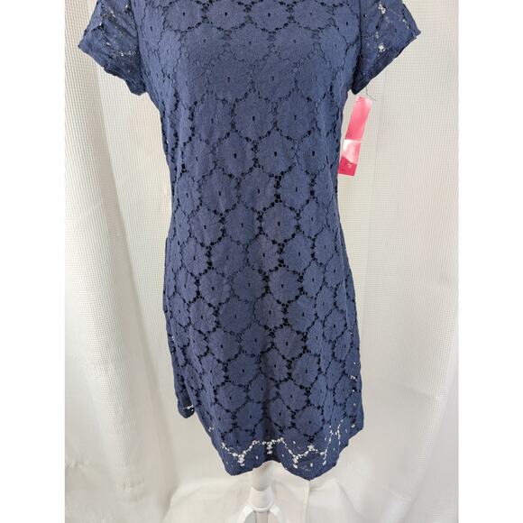 NWT! XHILERATION! NAVY BLUE STRETCH LACE OVER BLUE, BACK GOLD ZIPPER DRESS! SZ M - Picture 4 of 10
